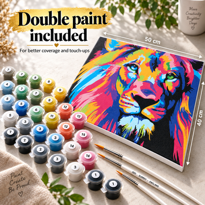 Colourful lion paint by numbers kit showing correct 50 x 40 cm canvas proportions with double paint included for coverage and touch-ups