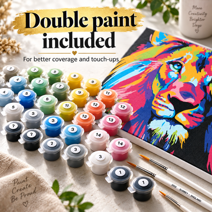 Colourful lion paint by numbers kit with double paint included for better coverage, second coats and touch-ups