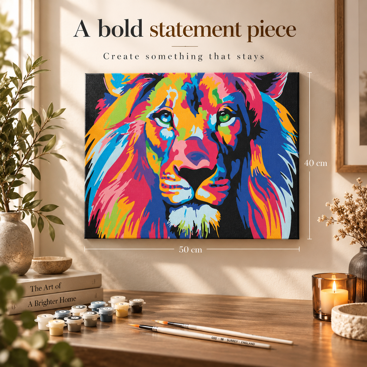 Finished colourful lion paint by numbers artwork displayed as a 50 x 40 cm statement piece in a modern home