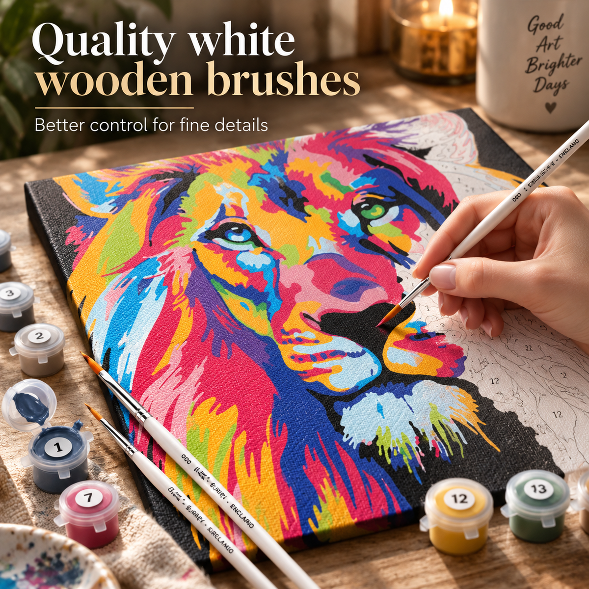 Colourful lion paint by numbers kit for adults, 50 x 40 cm canvas with double paint and quality white wooden brushes