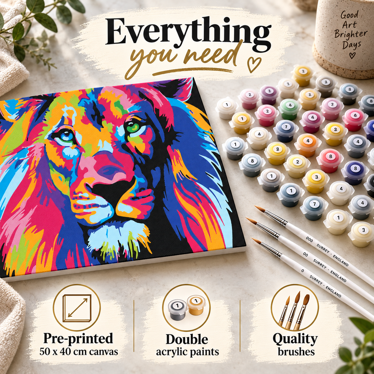 Colourful lion paint by numbers kit contents with 50 x 40 cm canvas, double acrylic paints and quality white wooden brushes