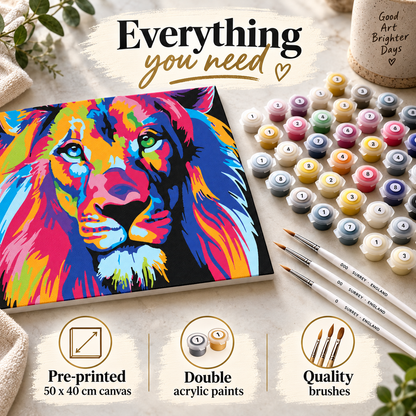 Colourful lion paint by numbers kit contents with 50 x 40 cm canvas, double acrylic paints and quality white wooden brushes