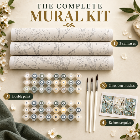 Complete Almond Blossom mural kit with three canvases, paints and brushes