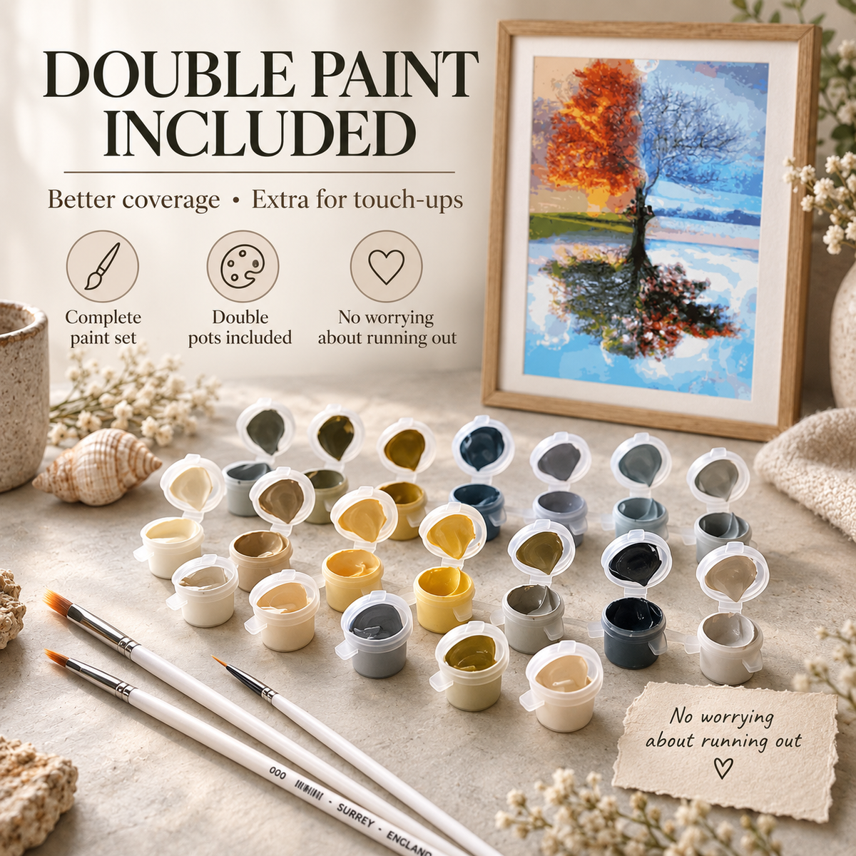 Four Seasons Tree paint by numbers kit with double paint included for better coverage and touch-ups