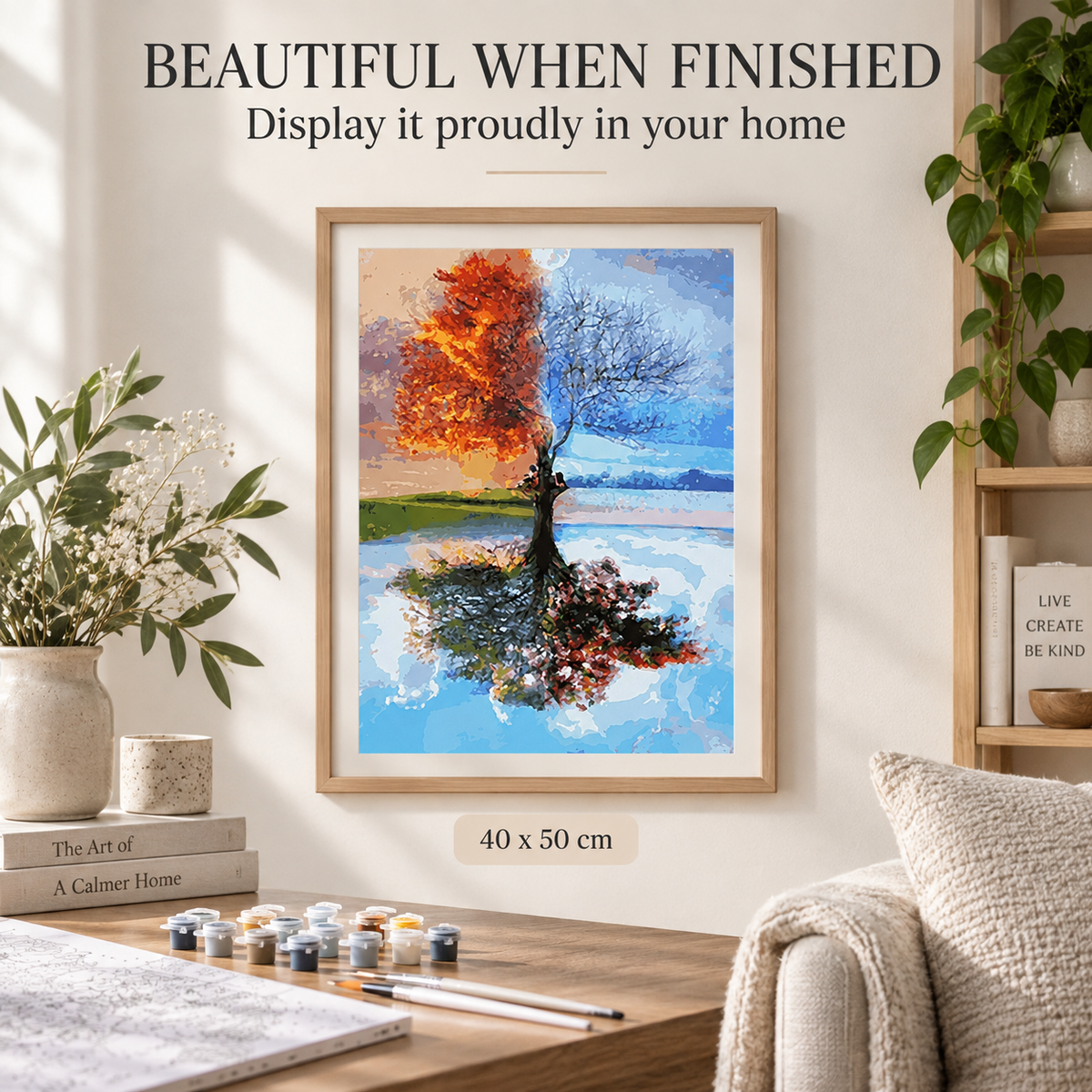 Finished Four Seasons Tree paint by numbers artwork displayed in a calm neutral home interior, size 40 x 50 cm