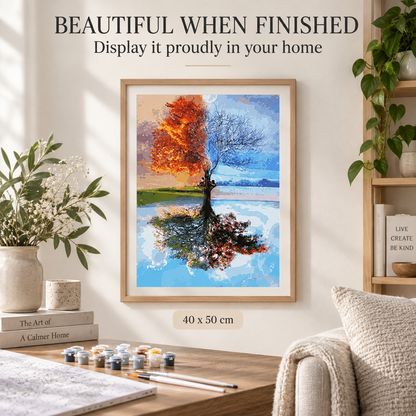Finished Four Seasons Tree paint by numbers artwork displayed in a calm neutral home interior, size 40 x 50 cm