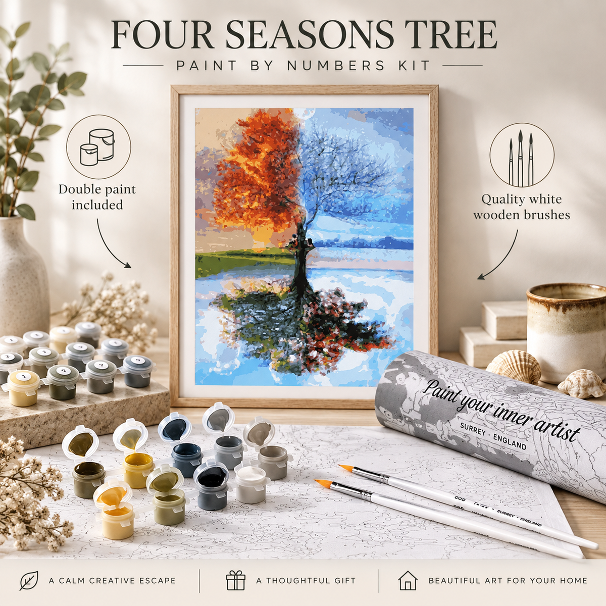 Four Seasons Tree paint by numbers kit with finished artwork, double paint pots, white wooden brushes and rolled canvas packaging