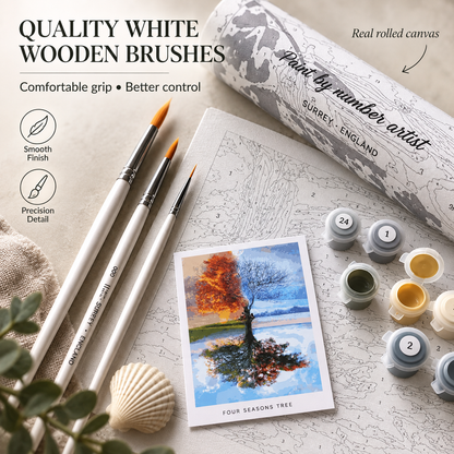 Four Seasons Tree paint by numbers kit showing quality white wooden brushes, numbered paint pots and rolled canvas packaging