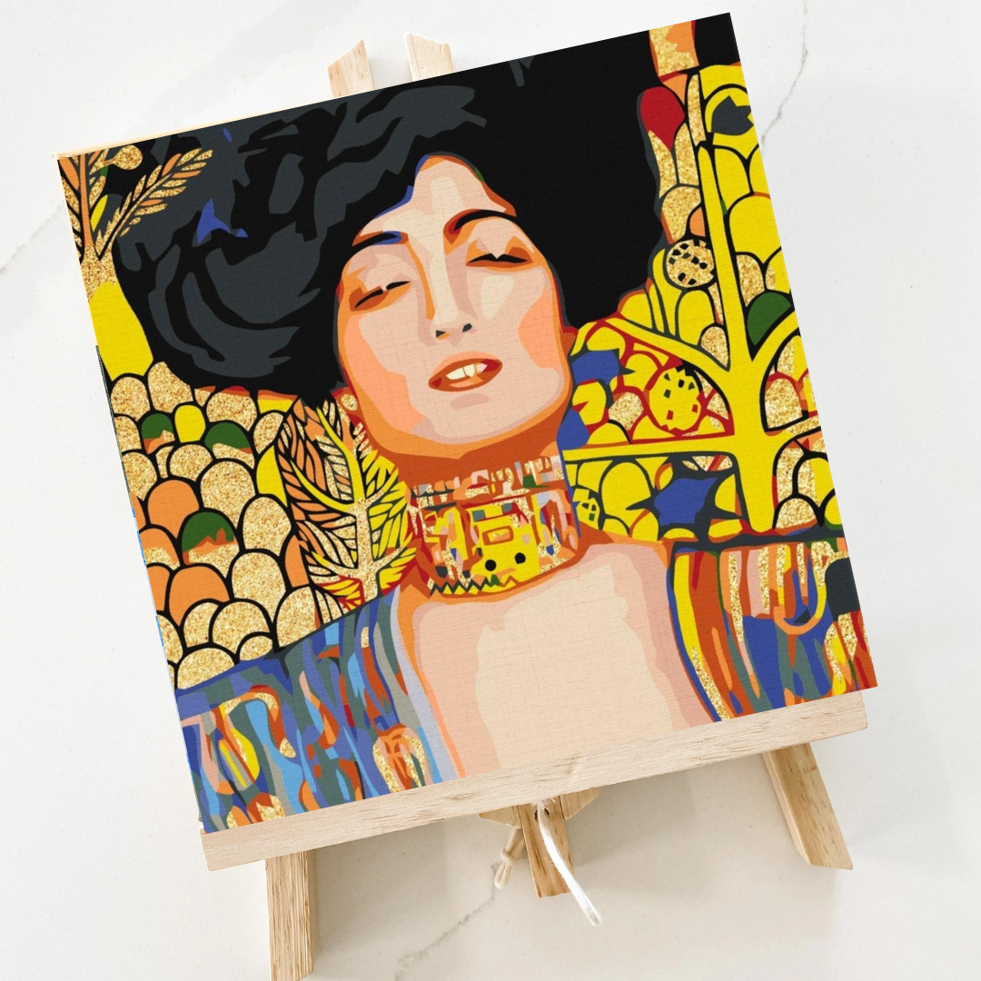 Golden Muse Klimt-inspired mini paint by numbers kit with 20 x 20 cm pre-stretched canvas