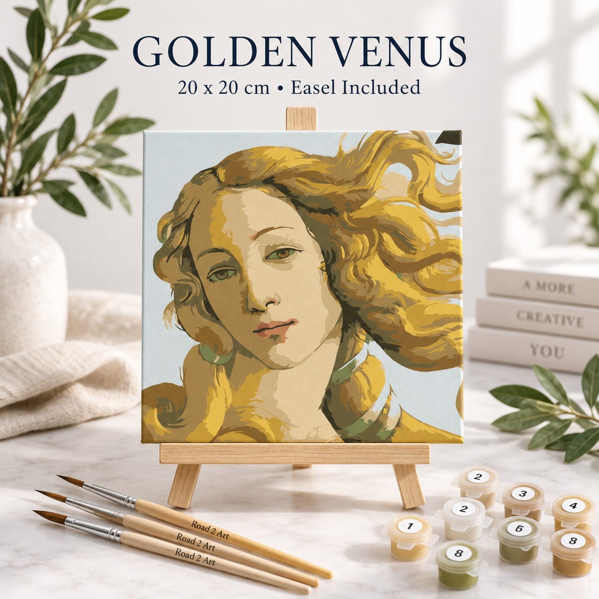 Golden Venus Botticelli-inspired paint by numbers kit with 20 x 20 cm canvas, wooden easel, paints and wooden brushes