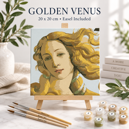 Golden Venus Botticelli-inspired paint by numbers kit with 20 x 20 cm canvas, wooden easel, paints and wooden brushes