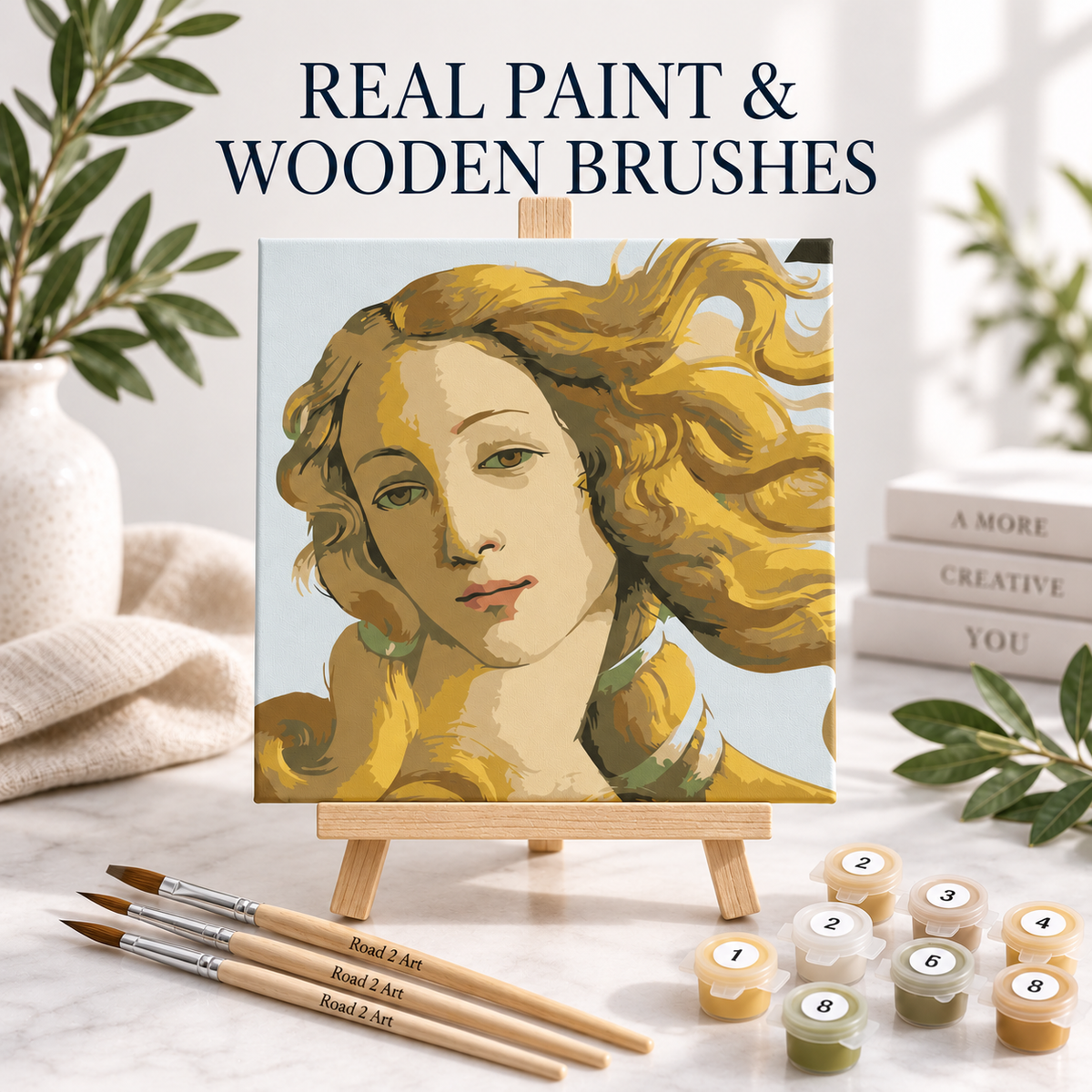 Golden Venus paint by numbers kit with numbered acrylic paints and natural wooden Road 2 Art brushes
