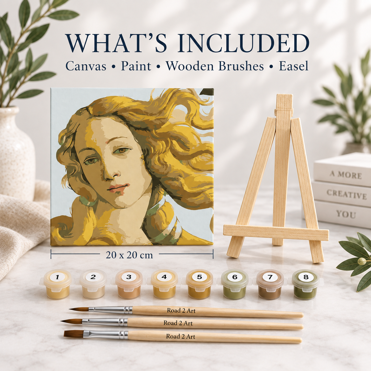 Golden Venus paint by numbers kit contents with 20 x 20 cm canvas, numbered paints, wooden brushes and easel