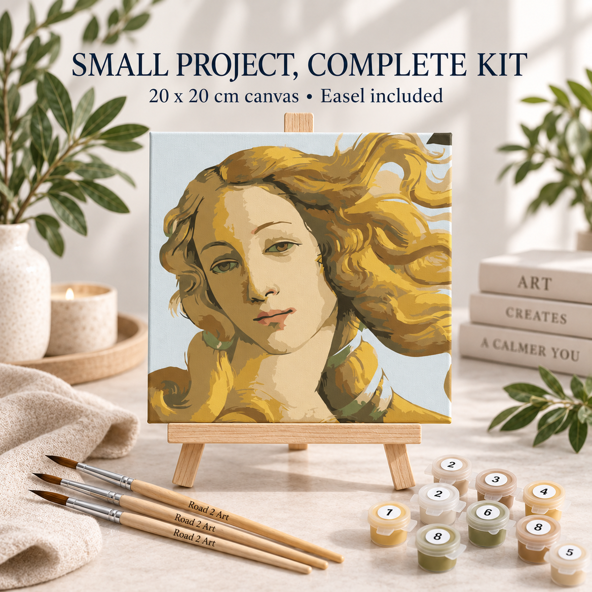 Golden Venus small paint by numbers project with 20 x 20 cm canvas, easel, paints and wooden brushes