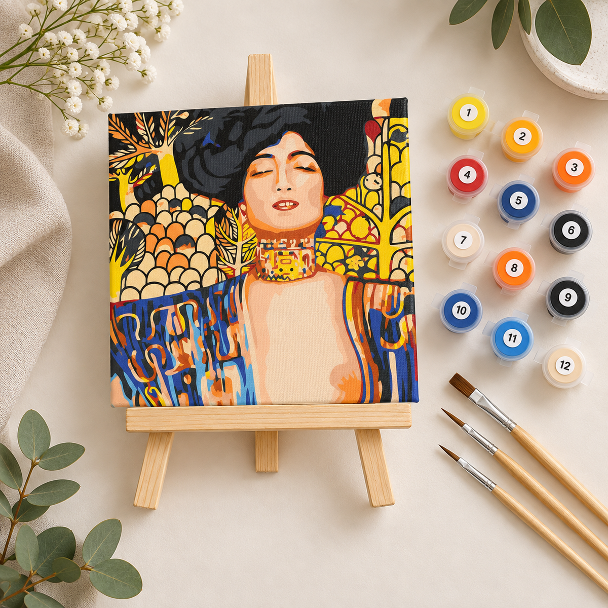Gustav Klimt Judith mini paint by numbers kit with canvas, numbered acrylic paints, wooden brushes and easel