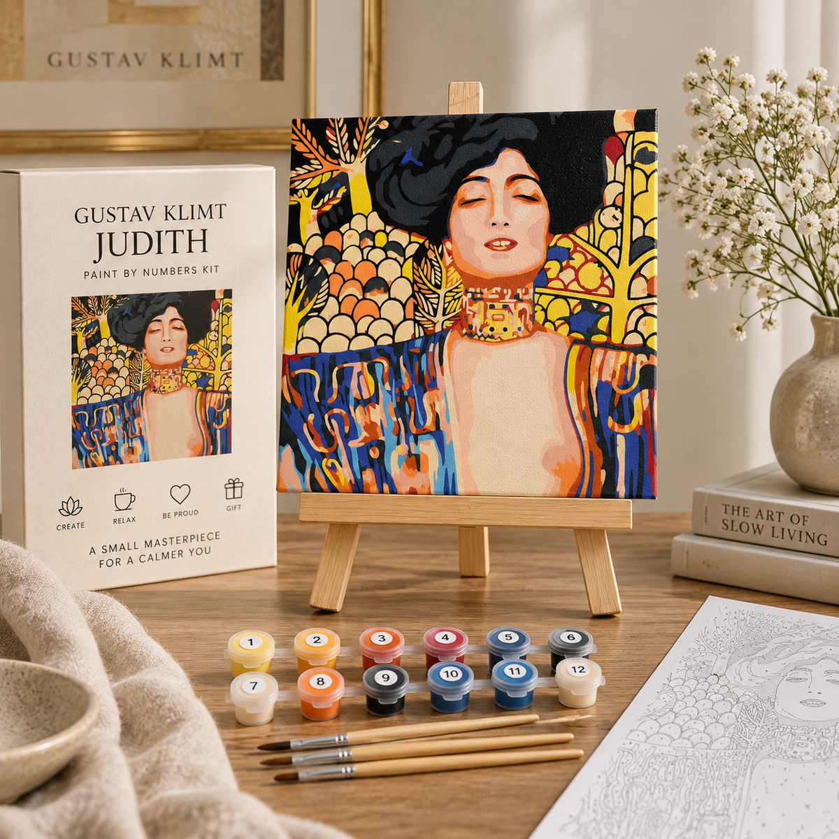 Gustav Klimt Judith paint by numbers gift set with canvas, numbered paints, wooden brushes, easel and presentation box