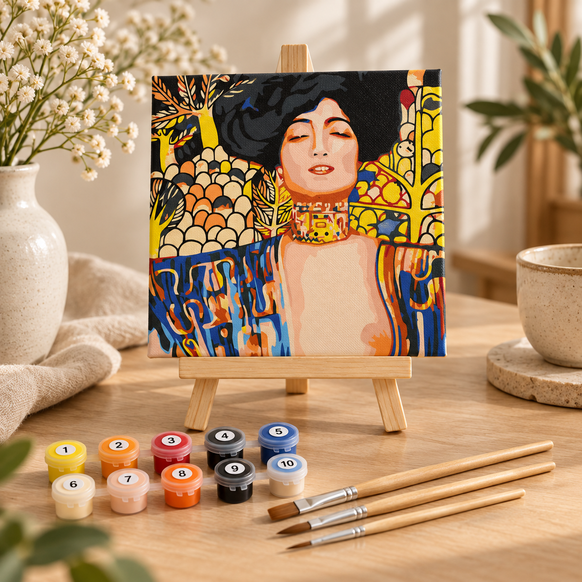 Golden Muse Klimt inspired mini paint by numbers kit with easel, paints and wooden brushes