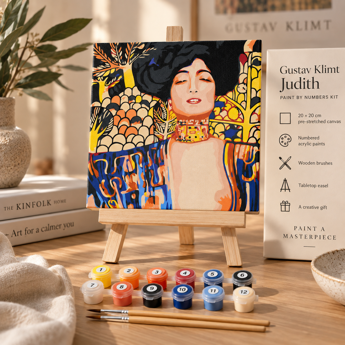 Gustav Klimt Judith paint by numbers kit display with 20 x 20 cm canvas, paints, wooden brushes and tabletop easel