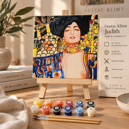 Gustav Klimt Judith paint by numbers kit display with 20 x 20 cm canvas, paints, wooden brushes and tabletop easel