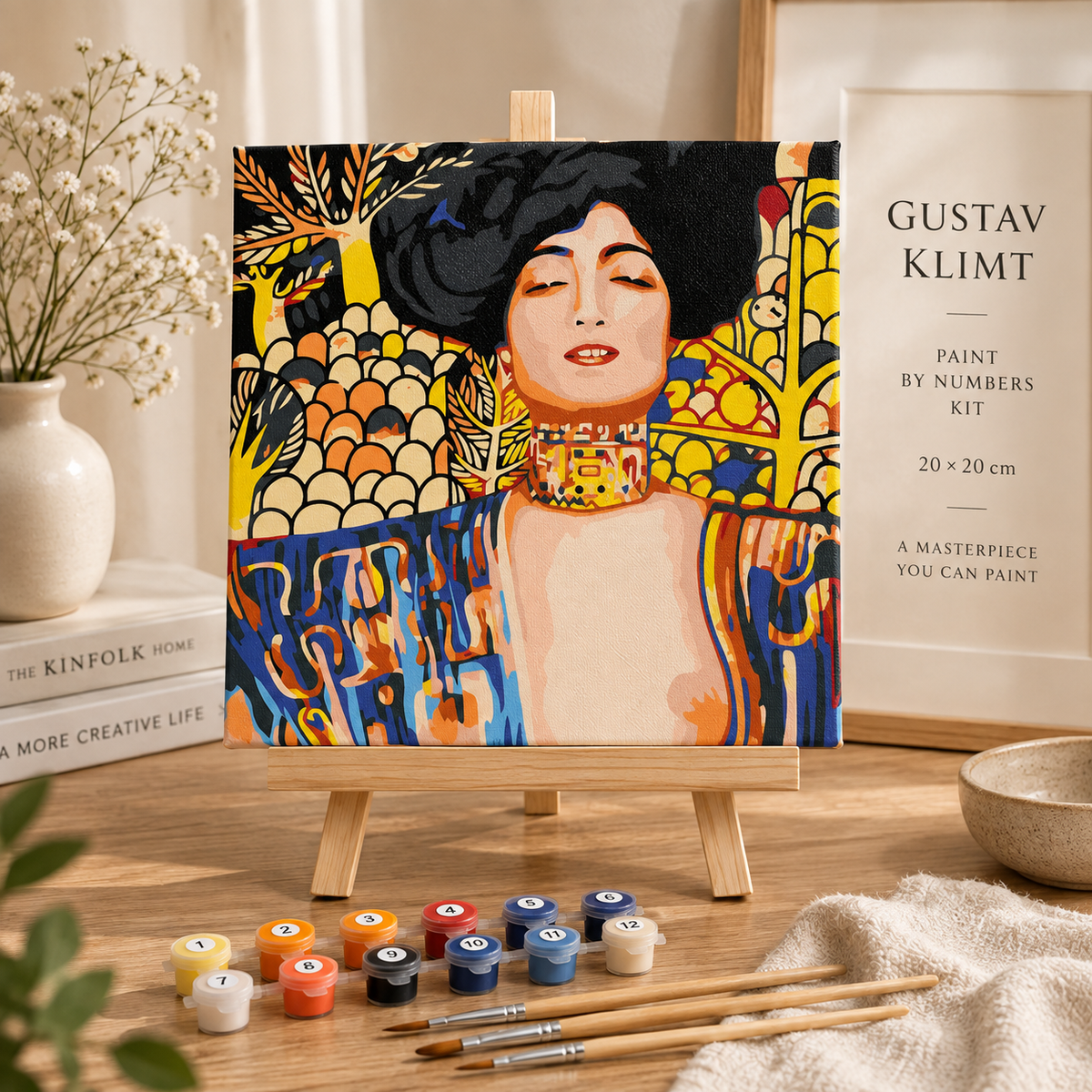 Golden Muse Gustav Klimt inspired paint by numbers kit with 20 x 20 cm canvas and easel