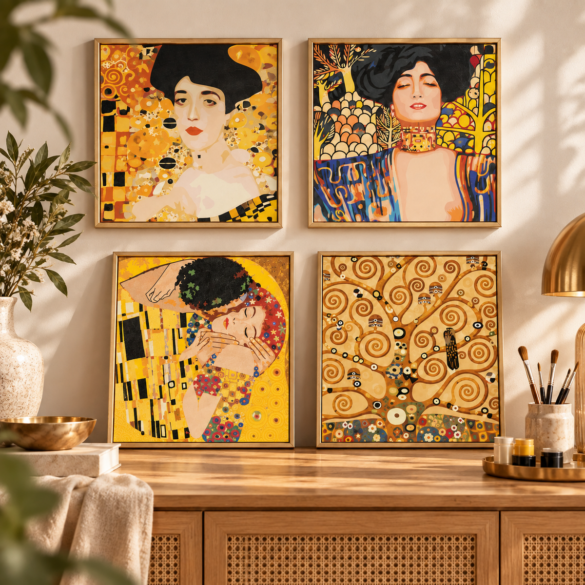 Gustav Klimt mini masterpiece paint by numbers set of four displayed together at home