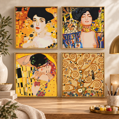 Gustav Klimt paint by numbers set of four with Golden Muse, Woman in Gold, The Kiss and Tree of Life