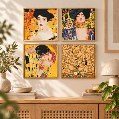 Four Gustav Klimt paint by numbers artworks displayed together in a warm home interior