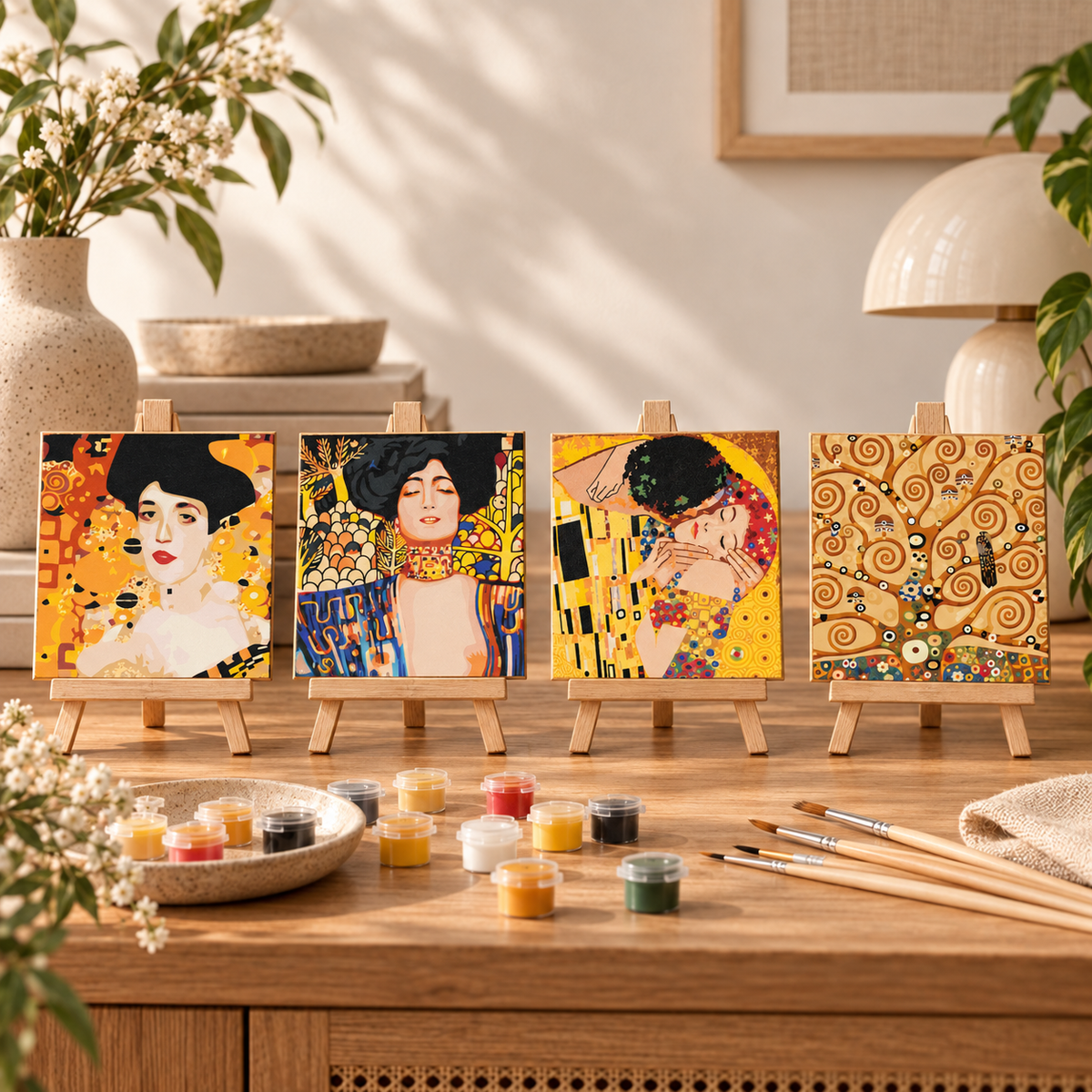 Gustav Klimt paint by numbers set of four 20 x 20 cm kits displayed on wooden tabletop easels