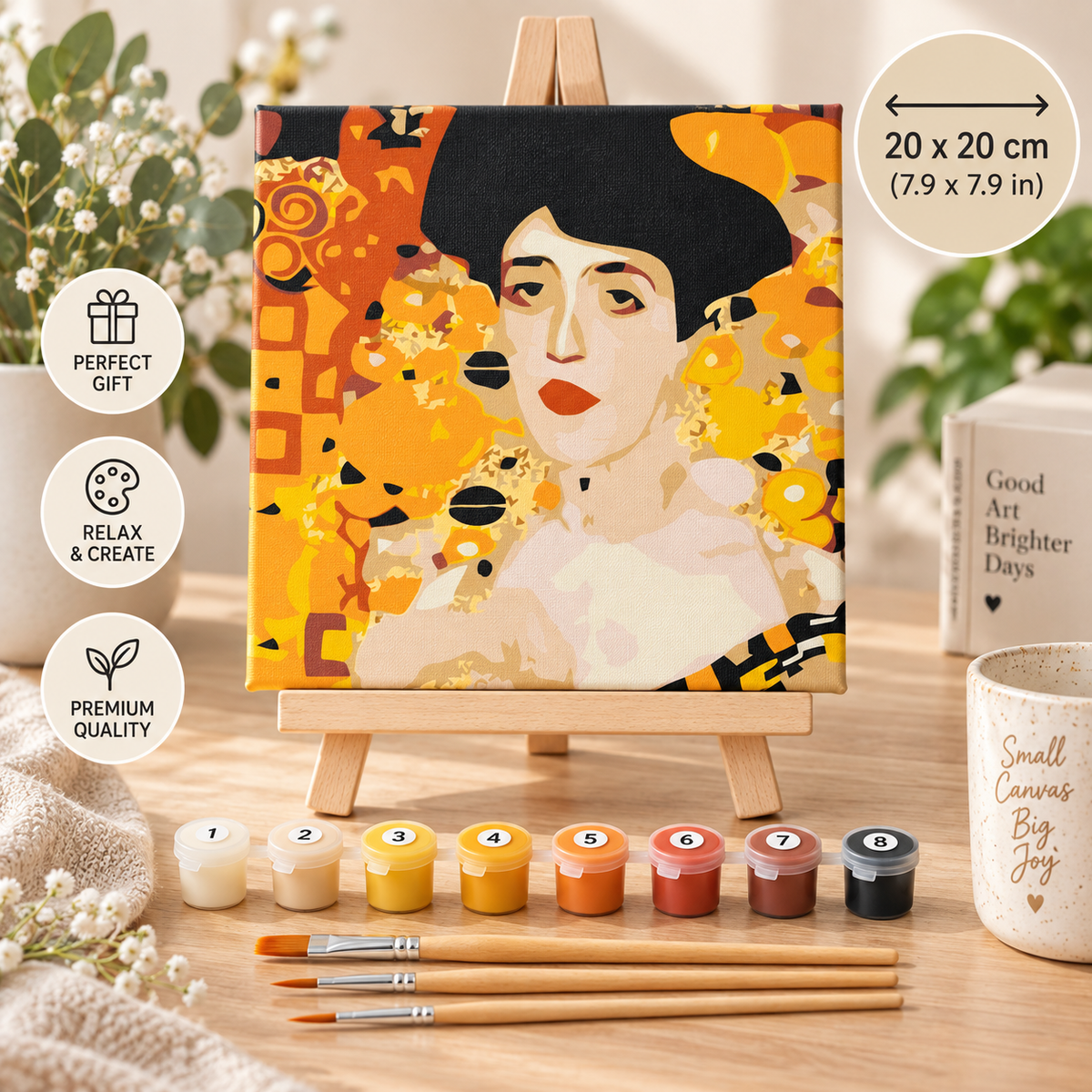 Gustav Klimt Woman in Gold paint by numbers kit with 20 x 20 cm canvas and easel