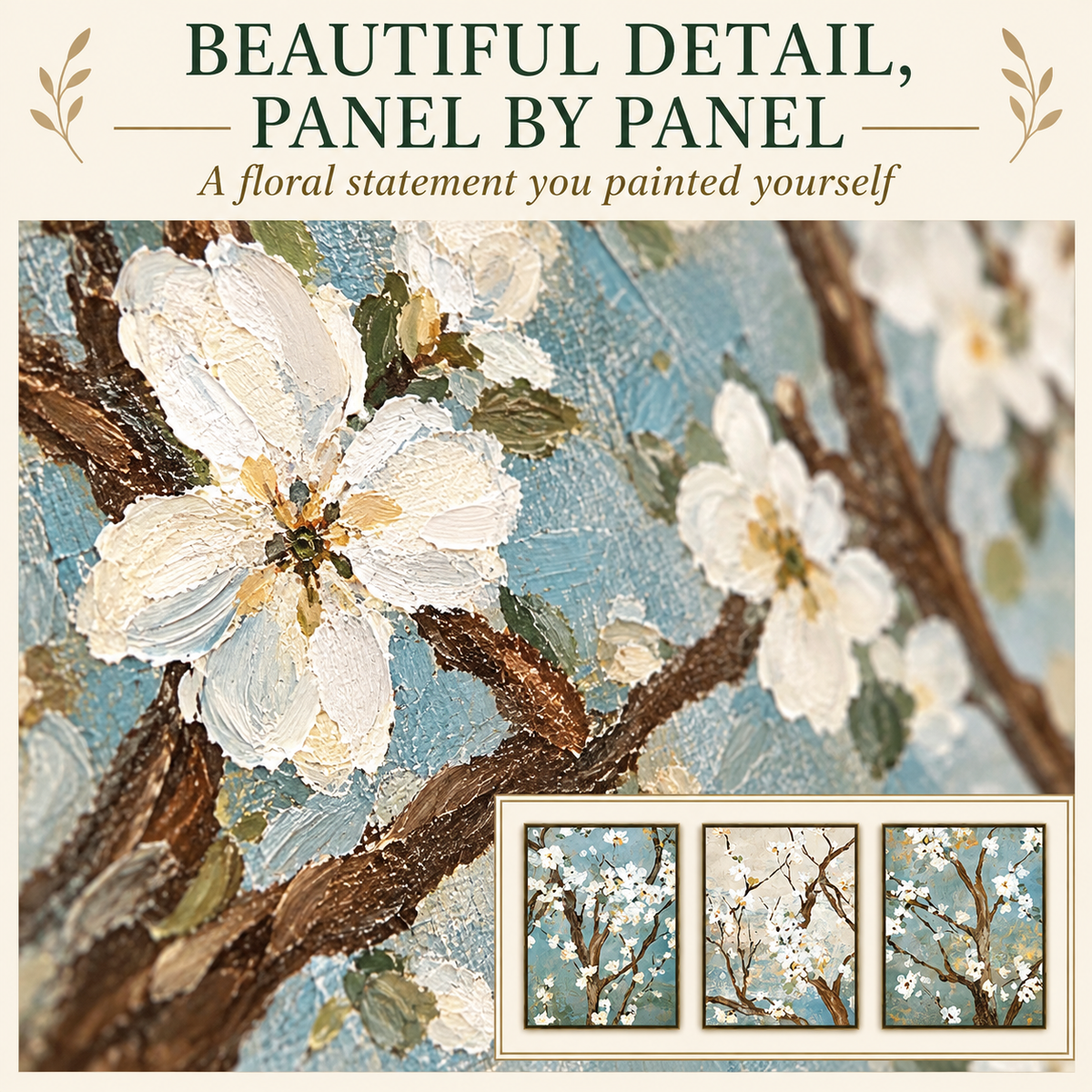Finished hand-painted Almond Blossom three-piece mural