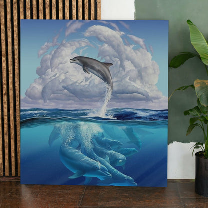A paint by numbers kit depicting a dolphin in a ocean setting with waves and clouds.