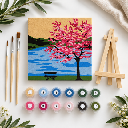 Japanese blossom mini paint by numbers kit with cherry blossom canvas, numbered paints, wooden brushes and tabletop easel