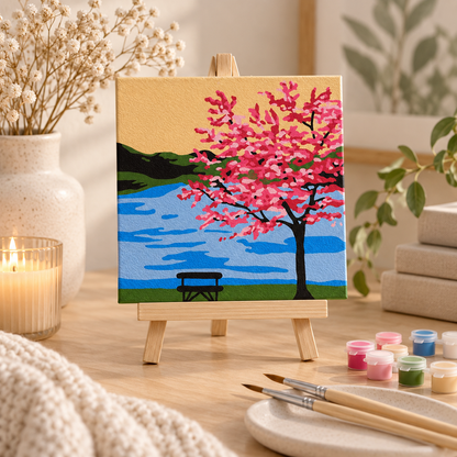 Finished Japanese blossom paint by numbers artwork displayed on the included small wooden easel