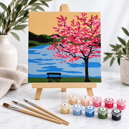 Japanese cherry blossom complete paint by numbers kit with pre-stretched canvas, easel, numbered paints and wooden brushes