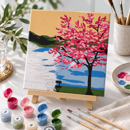 Japanese cherry blossom paint by numbers in progress on a 20 x 20 cm canvas with acrylic paints and wooden brushes