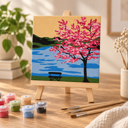 Japanese cherry blossom paint by numbers kit with 20 x 20 cm pre-stretched canvas, tabletop easel, paints and wooden brushes