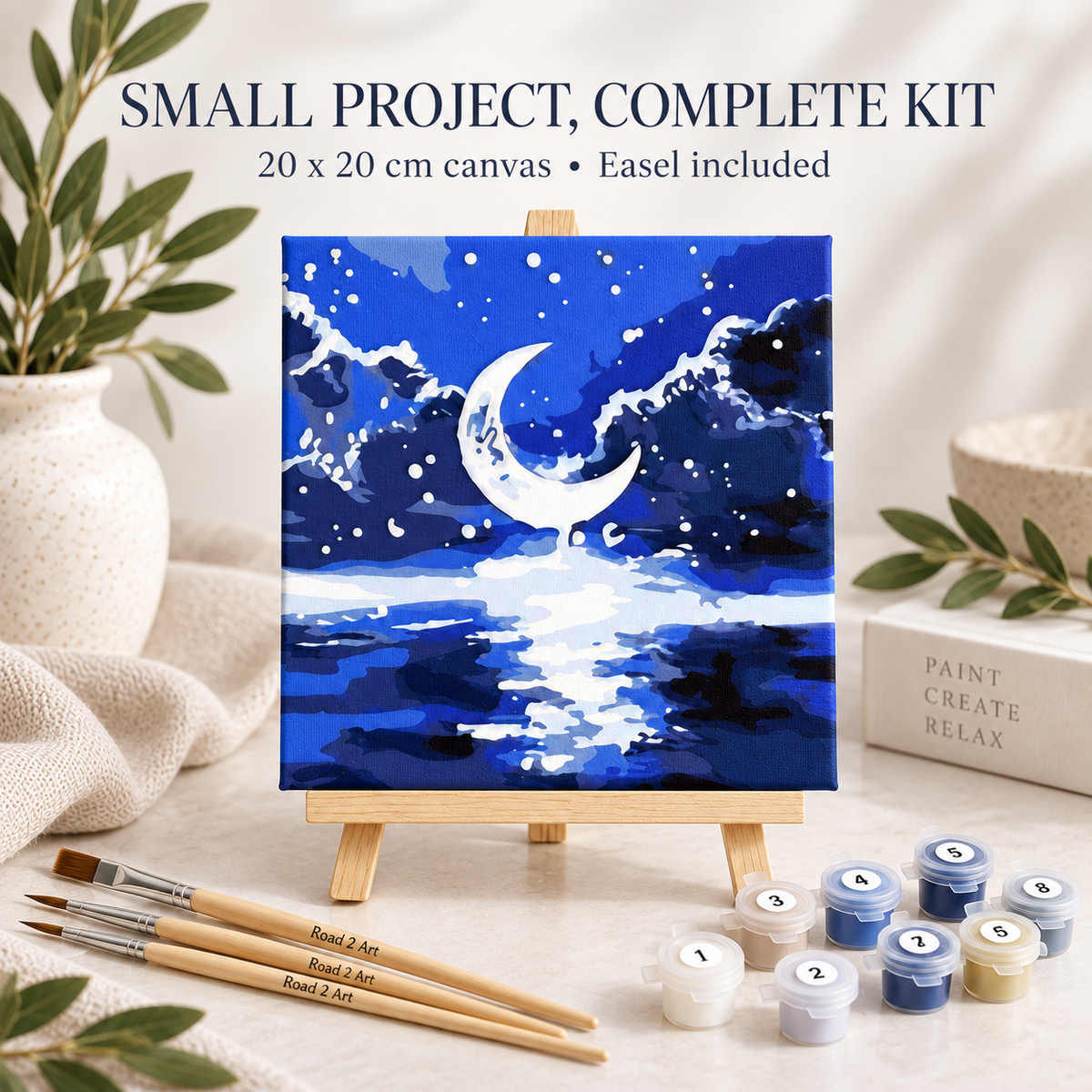 Midnight Moon mini paint by numbers complete kit with 20 x 20 cm canvas, easel, paints and wooden brushes