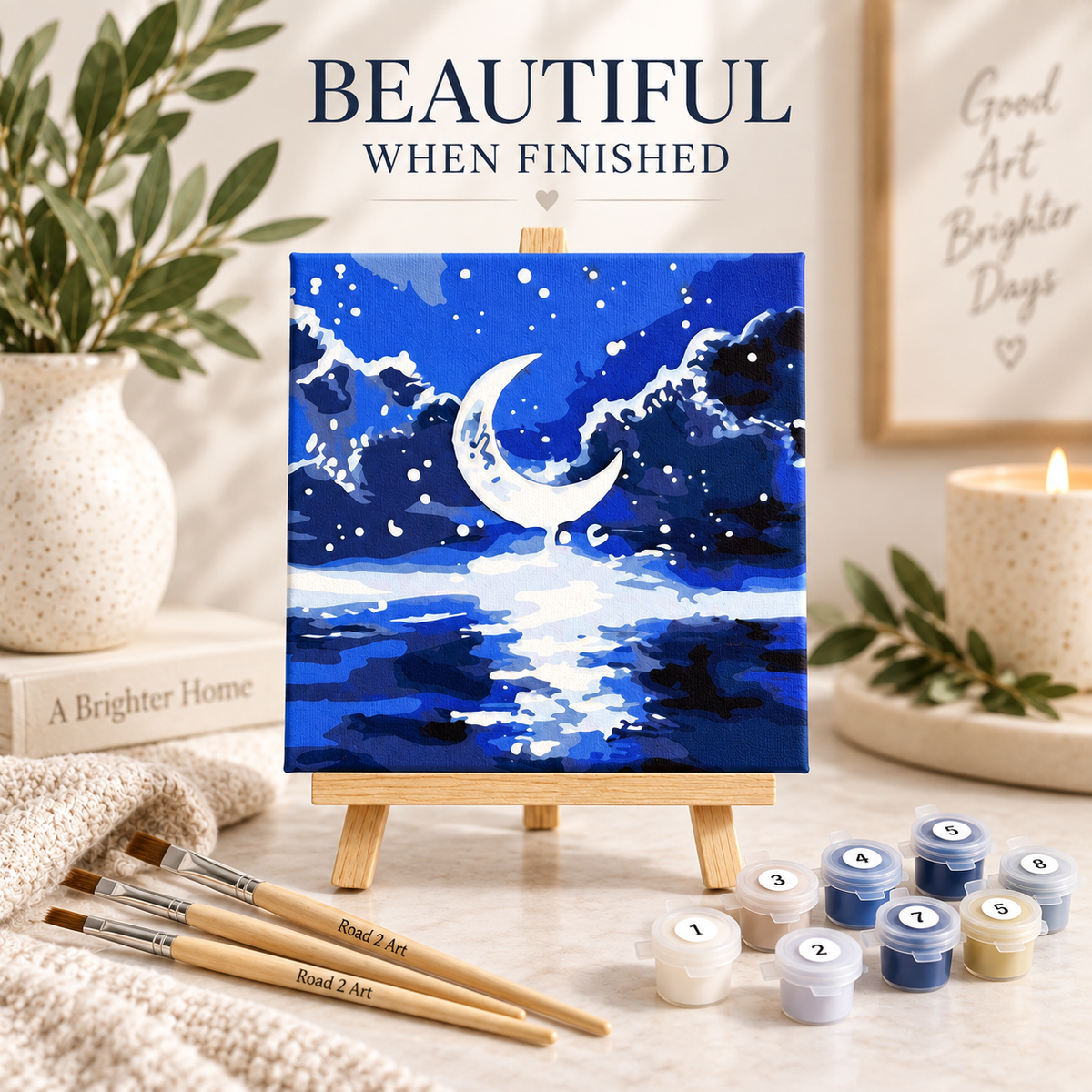 Finished Midnight Moon paint by numbers artwork displayed on the included tabletop easel