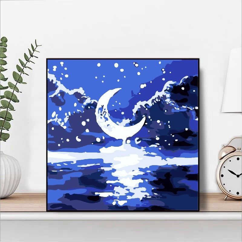 Midnight Moon paint by numbers painting in progress with numbered canvas and paints