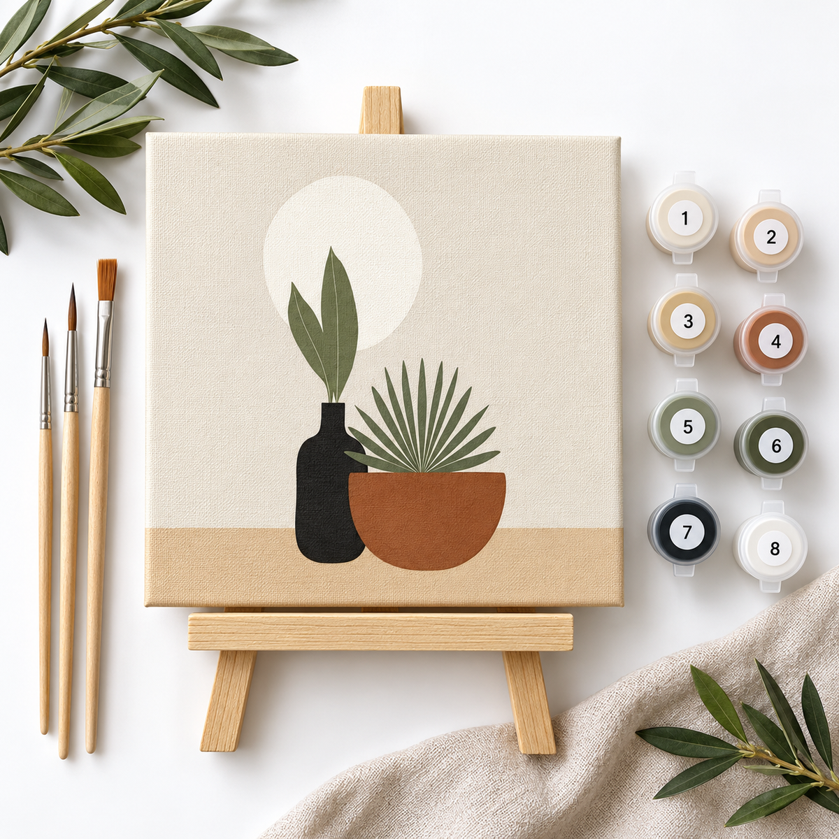Minimalist botanical mini paint by numbers kit with canvas, numbered paints, wooden brushes and easel