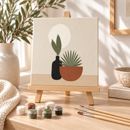 Finished minimalist botanical paint by numbers artwork displayed on a small wooden tabletop easel