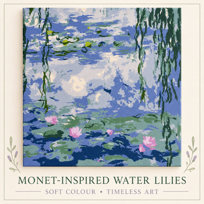 Monet-inspired Water Lilies paint by numbers artwork in a compact 20 x 20 cm format