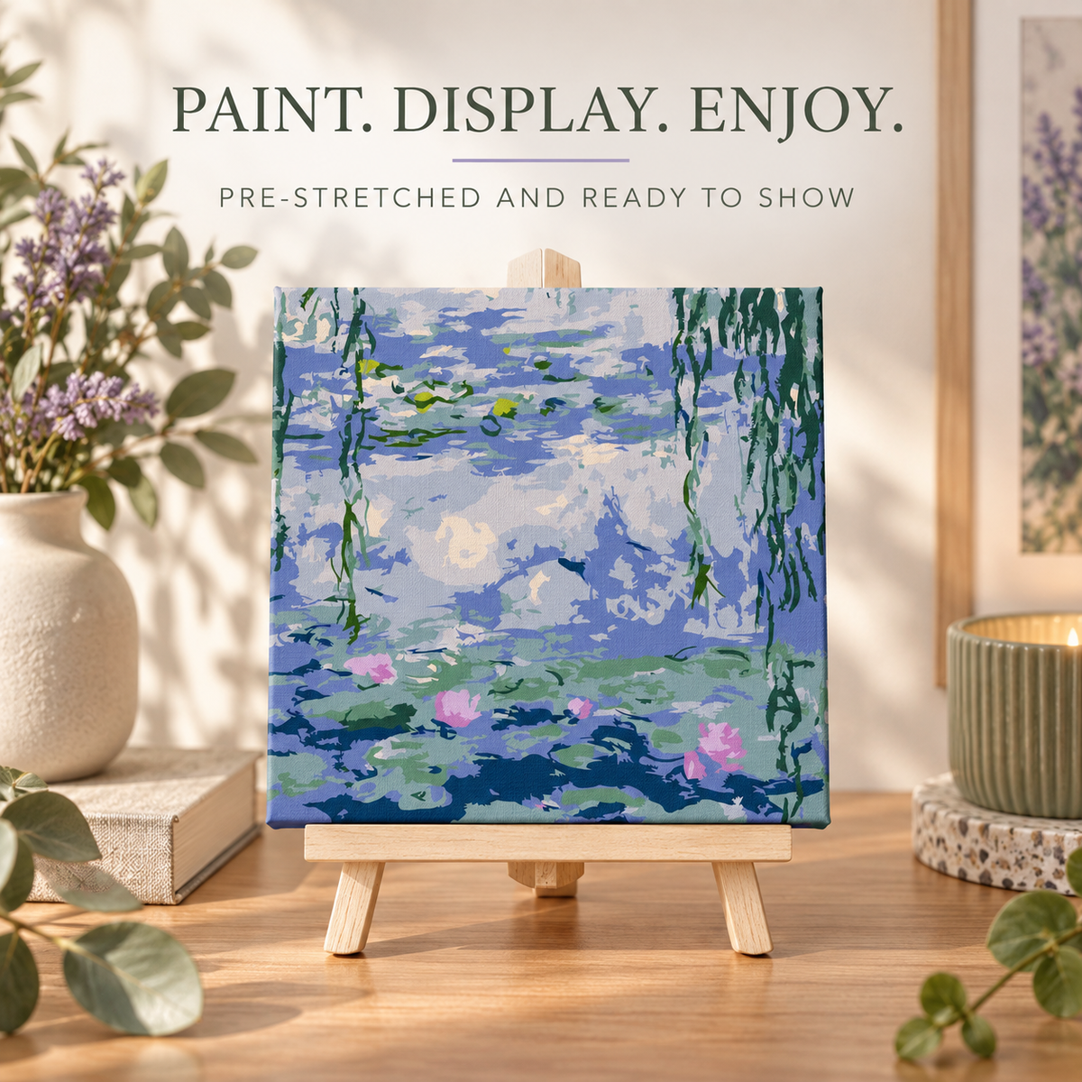 Finished Monet Water Lilies paint by numbers artwork displayed on the included tabletop easel