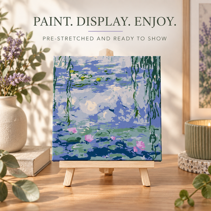 Finished Monet Water Lilies paint by numbers artwork displayed on the included tabletop easel