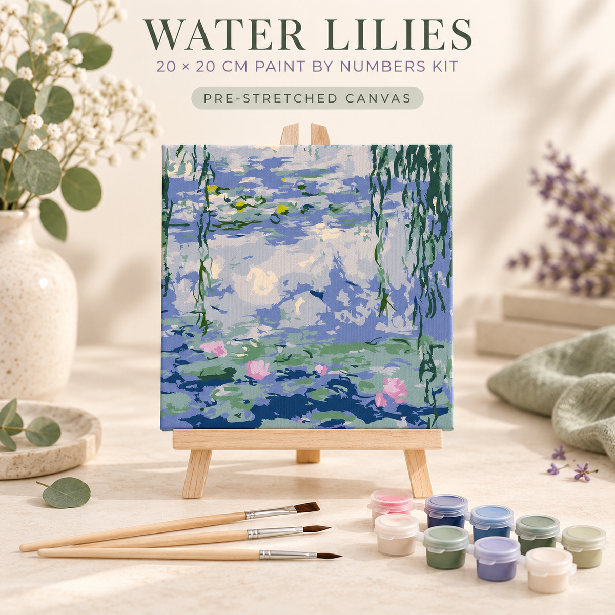 Monet Water Lilies paint by numbers kit for adults with 20 x 20 cm pre-stretched canvas, tabletop easel, paints and wooden brushes