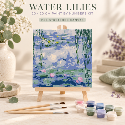 Monet Water Lilies paint by numbers kit for adults with 20 x 20 cm pre-stretched canvas, tabletop easel, paints and wooden brushes