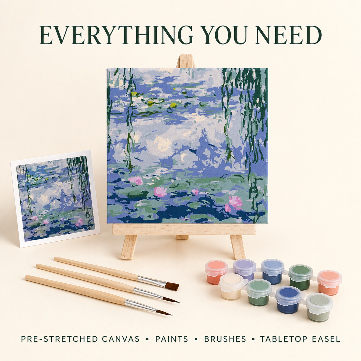 Monet Water Lilies mini paint by numbers kit with pre-stretched canvas, numbered paints, wooden brushes and tabletop easel