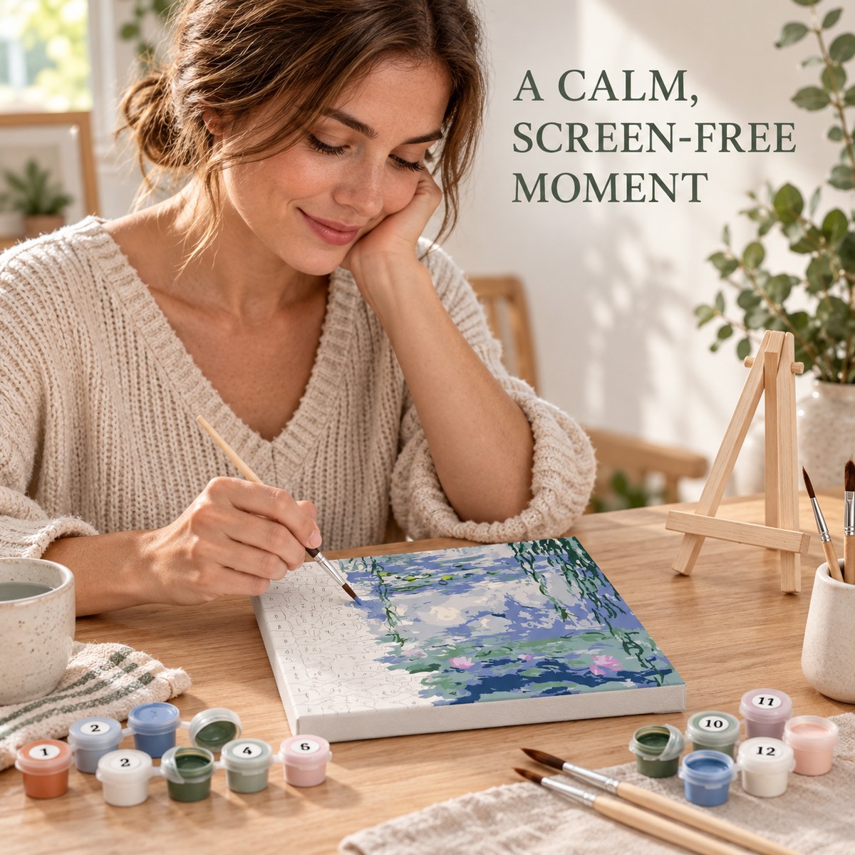 Monet Water Lilies paint by numbers painting session with small canvas, paints and wooden brushes