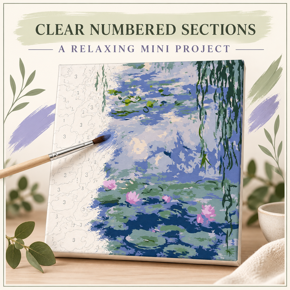 Monet Water Lilies paint by numbers process showing numbered sections becoming a water lily pond