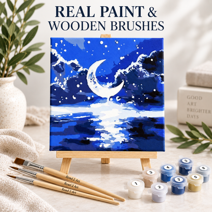 Moon paint by numbers kit for adults, Midnight Moon 20 x 20 cm pre-stretched canvas with wooden easel, paints and brushes